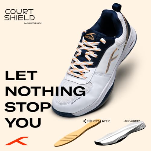 Hundred Unisex-Adult Court Shield Non-Marking Badminton Shoes | Enhanced Court Control Outsole for Precision | X-Cushion | Ideal for Indoor, Synthetic & Wooden Surfaces(White/Navy/Gold ;1 UK) - Image 2