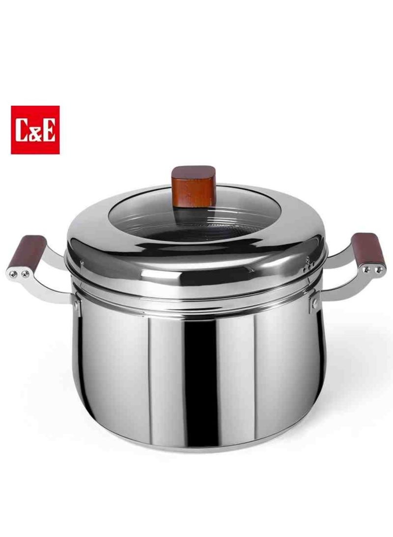 سي&إي 304 الحساء الفولاذ المقاوم للصدأ ، وعاء طهي الطعام متعدد الوظائف المنزلية ، مع مياه قابلة للقطع بالبخار ، مقبض الخشب ، المواصفات: 26 سم * 37 سم - Image 1