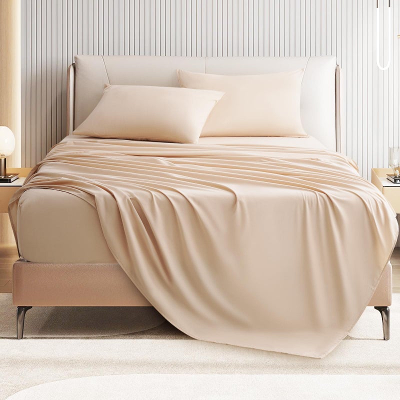 USXIBEI Queen Size 4 Piece Bed Sheet Set  Ultra Imitation CottonPremium Breathable  Cooling Sheets  Hotel Luxury Bed Sheets Deep Pocket up to 15 Wrinkle Fade Stain Resistant Beige Queen