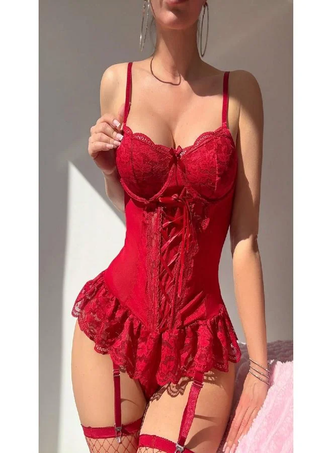 تايك تو بودي سوت بنمط كورسيه دانتيل مع طقم أحزمة رباط - أحمر