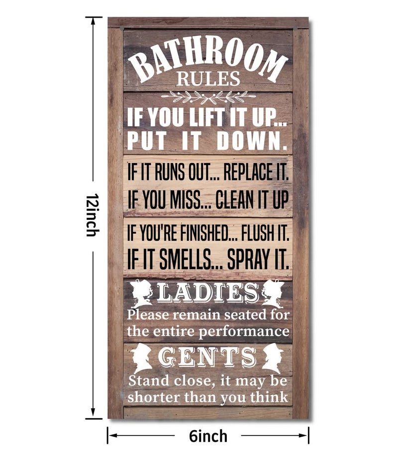 Gkwa Funny Bathroom Rules Sign - Rustic Bathroom Decor for Farmhouse, Western & Country Bathrooms - Vintage Wooden Wall Art with Humorous Etiquette, Ready to Hang for Guest Bath & Restroom - Image 3