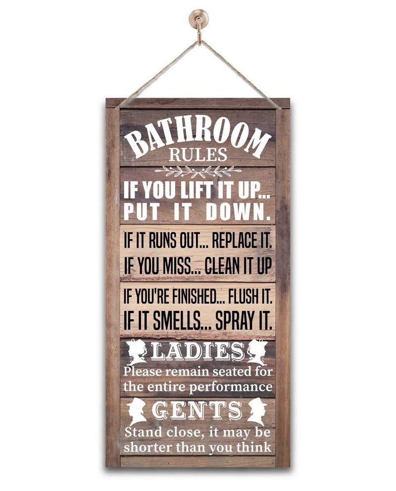Gkwa Funny Bathroom Rules Sign - Rustic Bathroom Decor for Farmhouse, Western & Country Bathrooms - Vintage Wooden Wall Art with Humorous Etiquette, Ready to Hang for Guest Bath & Restroom - Image 1