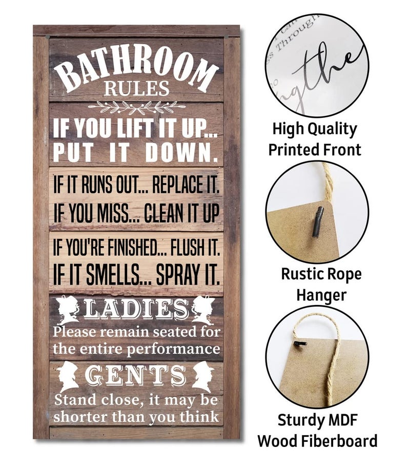 Gkwa Funny Bathroom Rules Sign - Rustic Bathroom Decor for Farmhouse, Western & Country Bathrooms - Vintage Wooden Wall Art with Humorous Etiquette, Ready to Hang for Guest Bath & Restroom - Image 5
