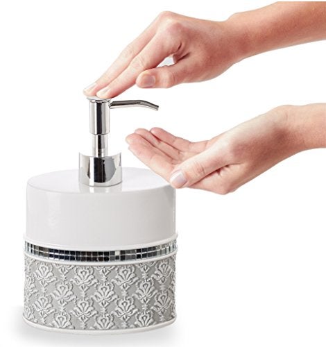 Creative Scents Mirror Damask Bathroom Accessory Set Complete - Decorative 4 Piece White and Gray Bathroom Set Includes: Soap Dispenser, Soap Dish, Toothbrush Holder and Tumbler - Image 5
