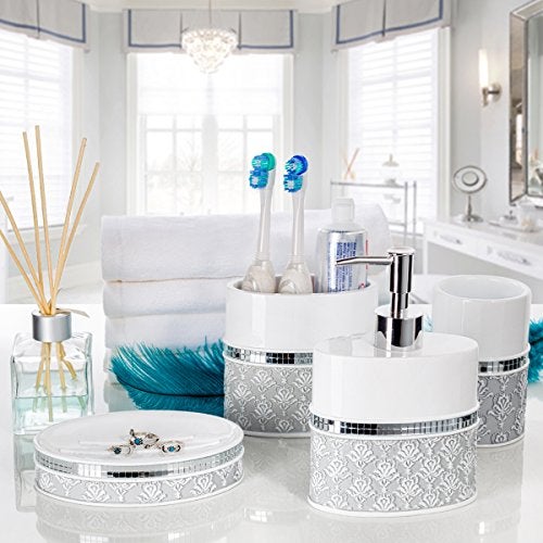 Creative Scents Mirror Damask Bathroom Accessory Set Complete - Decorative 4 Piece White and Gray Bathroom Set Includes: Soap Dispenser, Soap Dish, Toothbrush Holder and Tumbler - Image 2