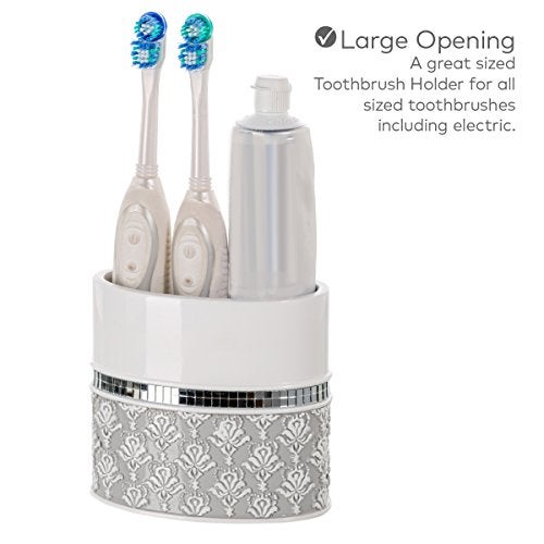 Creative Scents Mirror Damask Bathroom Accessory Set Complete - Decorative 4 Piece White and Gray Bathroom Set Includes: Soap Dispenser, Soap Dish, Toothbrush Holder and Tumbler - Image 3