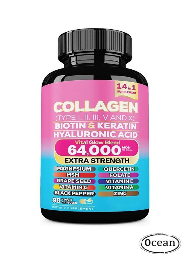 Ocean Collagen Types I, II, III, V and X Biotin & Keratin, 14 in 1 Supplement, Vital Glow Blend 64000 MCG Extra Strength, Scientifically Formulated for Maximum Effectiveness, 90 Veggie Capsules - Image 1