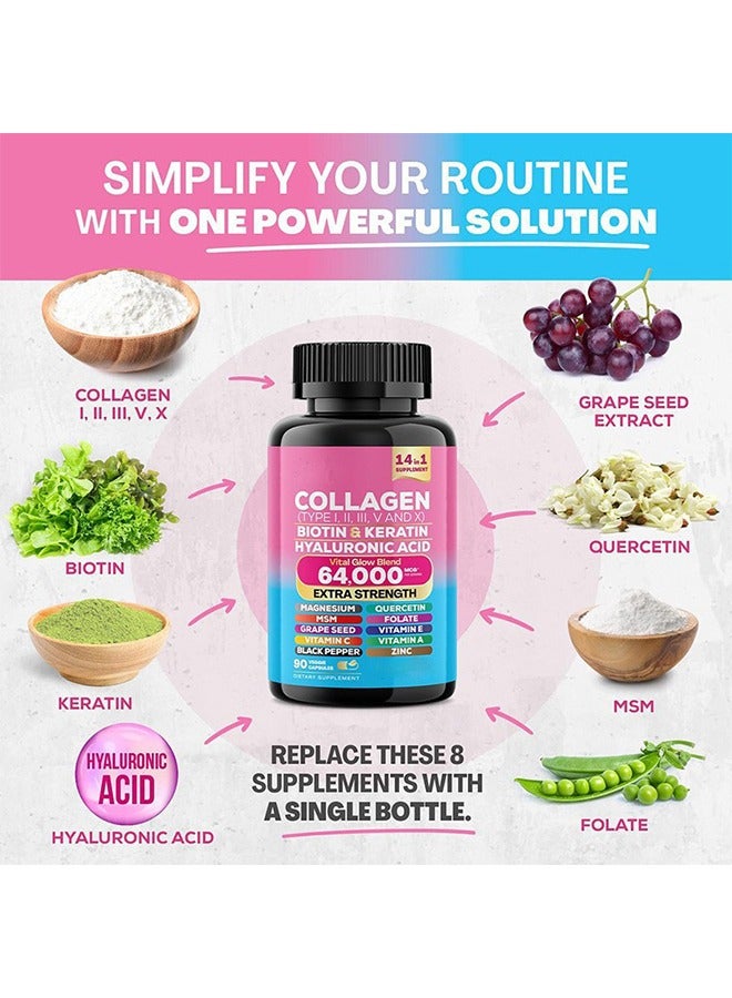 Ocean Collagen Types I, II, III, V and X Biotin & Keratin, 14 in 1 Supplement, Vital Glow Blend 64000 MCG Extra Strength, Scientifically Formulated for Maximum Effectiveness, 90 Veggie Capsules - Image 3