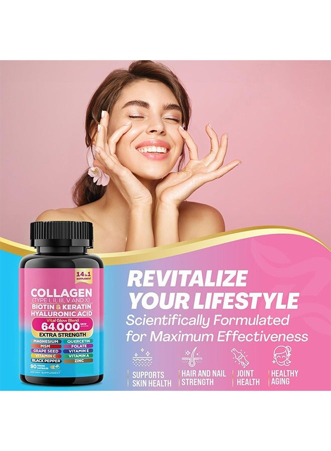 Ocean Collagen Types I, II, III, V and X Biotin & Keratin, 14 in 1 Supplement, Vital Glow Blend 64000 MCG Extra Strength, Scientifically Formulated for Maximum Effectiveness, 90 Veggie Capsules - Image 4