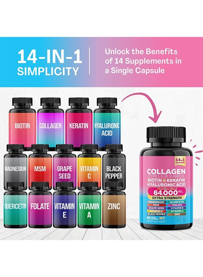 Ocean Collagen Types I, II, III, V and X Biotin & Keratin, 14 in 1 Supplement, Vital Glow Blend 64000 MCG Extra Strength, Scientifically Formulated for Maximum Effectiveness, 90 Veggie Capsules - Image 5