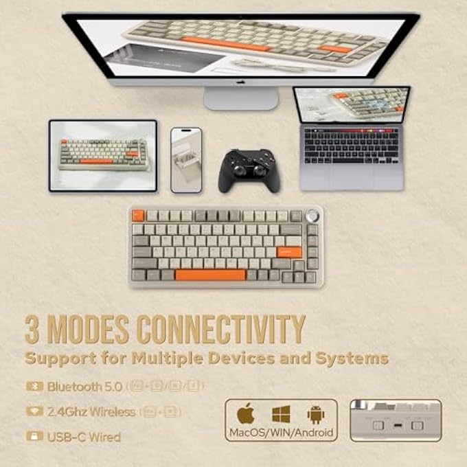 A-jazz AJAZZ AK820 MAX UPGRADED SEAL MECHANICAL KEYBOARD, BT5.0/USB-C/2.4GHZ WIRELESS GAMING KEYBOARD, 75% LAYOUT WITH 8000MAH BATTERY, FLEX-CUT PCB, PC PLATE, RGB FOR WIN/MAC (RETRO WHITE) - Image 3