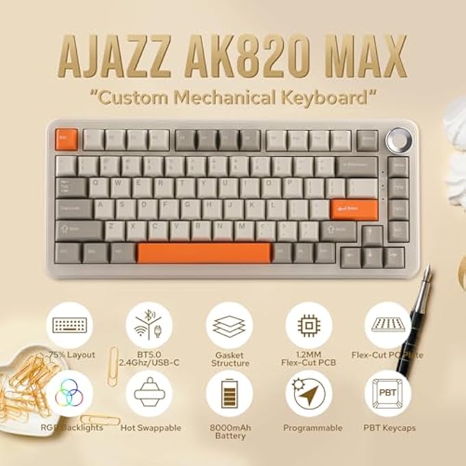 A-jazz AJAZZ AK820 MAX UPGRADED SEAL MECHANICAL KEYBOARD, BT5.0/USB-C/2.4GHZ WIRELESS GAMING KEYBOARD, 75% LAYOUT WITH 8000MAH BATTERY, FLEX-CUT PCB, PC PLATE, RGB FOR WIN/MAC (RETRO WHITE) - Image 2