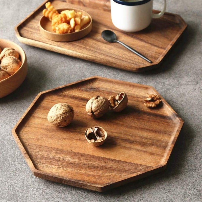 Renawe Set of 2 Acacia Wooden Trays Serving Platters Round Square Veggie Serving Tray Decor Bread Charcuterie Board Fruit Hosting Essentials Cheese Platter Vegetable Food Dish Charger Plate Charcuterie Board - Image 2
