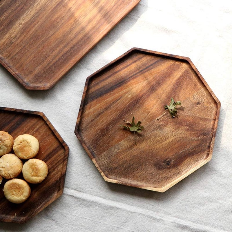 Renawe Set of 2 Acacia Wooden Trays Serving Platters Round Square Veggie Serving Tray Decor Bread Charcuterie Board Fruit Hosting Essentials Cheese Platter Vegetable Food Dish Charger Plate Charcuterie Board - Image 4