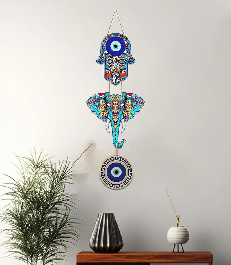CraftVatika Elephant Wooden Wall Hanging Decoration for Home Decor Pooja Room Decoration Items - Hamsa Hand Hanging Decoration Items for Living Room, Bedroom, House, Office, Home Entrance Decoration - Image 1