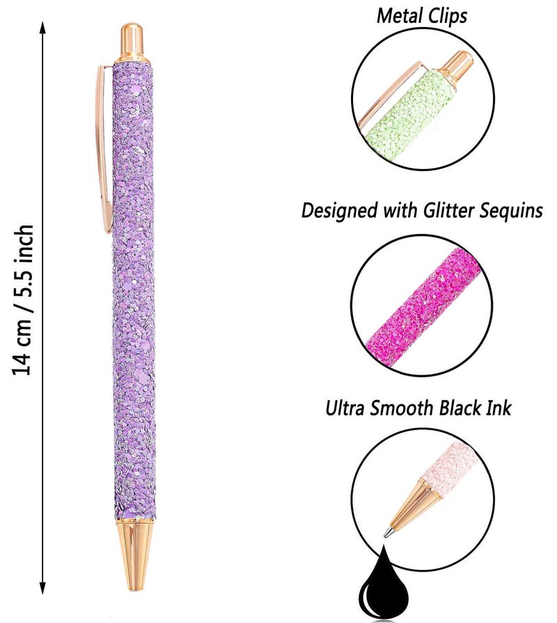 Xccj 9 Pcs Fancy Pens for Women Glitter Colorful Ballpoint Pens Metal Retractable Pens Black Ink Medium Point 1.0 mm Pretty Cute Sequins Journaling Pen for Women Girls (Fresh style) - Image 2