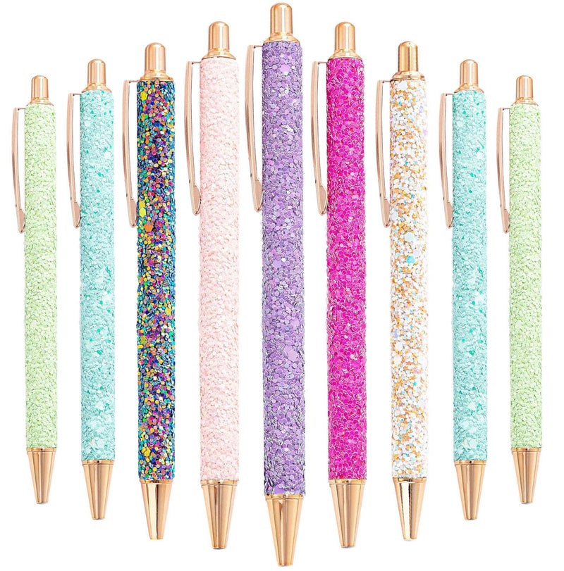 Xccj 9 Pcs Fancy Pens for Women Glitter Colorful Ballpoint Pens Metal Retractable Pens Black Ink Medium Point 1.0 mm Pretty Cute Sequins Journaling Pen for Women Girls (Fresh style) - Image 1