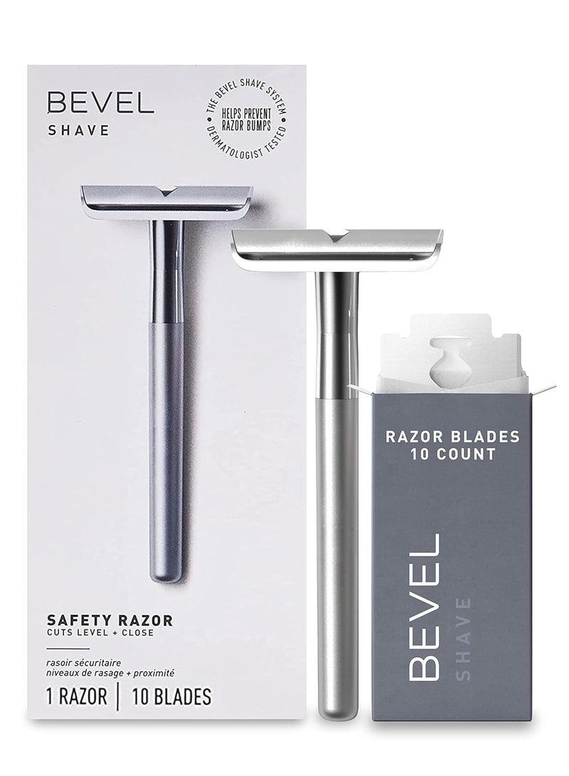 Bevel Bevel Safety Razor with Brass Weighted Handle and 10 Double Edge Safety Blade Refills, Single Blade Razor for Men, Designed for Coarse Hair to Prevent Razor Bumps - Silver (Packaging May Vary) - Image 1