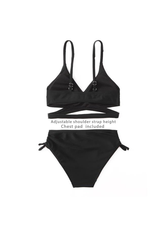 MIENOE Teen Girls Two-Piece Bikini Swimsuits | Removable Chest Pad Nylon Swimwear Kids Size 6-17 Years, Black -️︎ Cross Style, 12-13 Years - Image 4