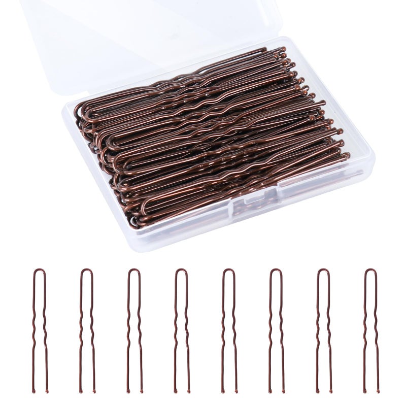 DySaLic U Shaped Hair Pins, 100PCS 2.4inch Bun Hair Pins for Women Kids Girls Hairdressing Salon with Storage Box, for All Hair Types - Brown - Image 1