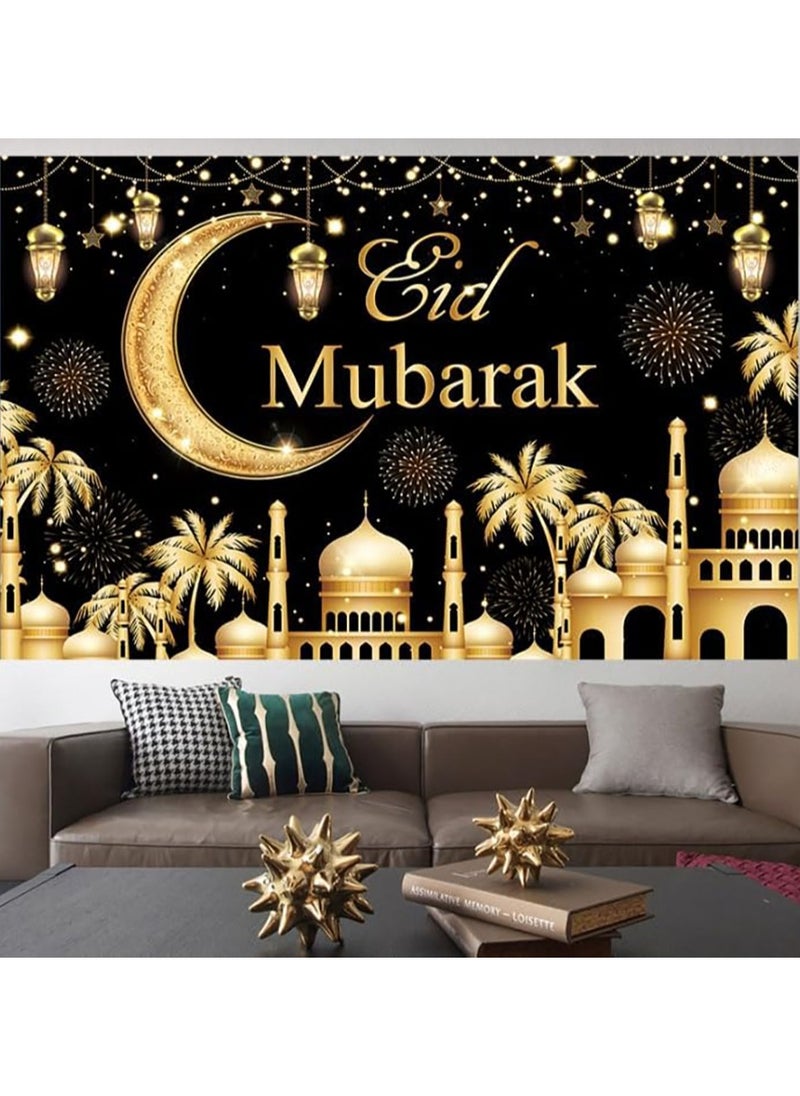 TAPIT - Ramadan Mubarak Backdrop Islamic Muslim Eid Mubarak Ramadan Kareem Eid Al Fitr Background Black and Gold Lanterns Moon Stars Mosque Theme Party Supplies Decor 180x115CM - Image 1
