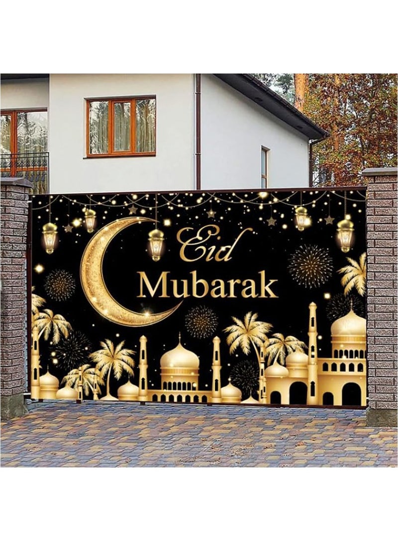 TAPIT - Ramadan Mubarak Backdrop Islamic Muslim Eid Mubarak Ramadan Kareem Eid Al Fitr Background Black and Gold Lanterns Moon Stars Mosque Theme Party Supplies Decor 180x115CM - Image 1