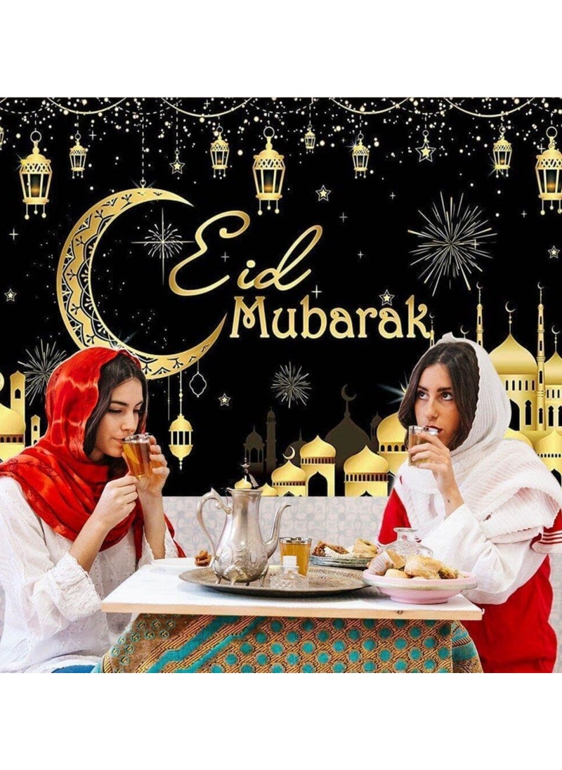 TAPIT - Ramadan Mubarak Backdrop Islamic Muslim Eid Mubarak Ramadan Kareem Eid Al Fitr Background Black and Gold Lanterns Moon Stars Mosque Theme Party Supplies Decor 180x115CM - Image 1