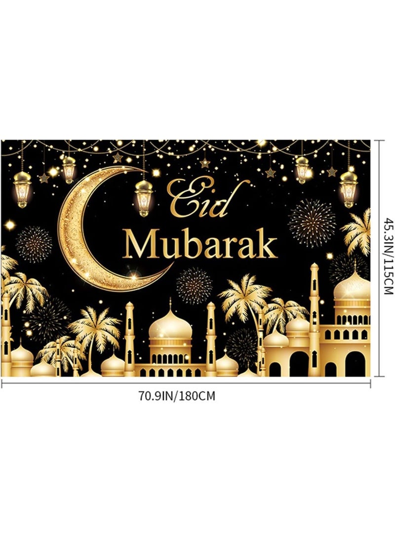 TAPIT - Ramadan Mubarak Backdrop Islamic Muslim Eid Mubarak Ramadan Kareem Eid Al Fitr Background Black and Gold Lanterns Moon Stars Mosque Theme Party Supplies Decor 180x115CM - Image 1