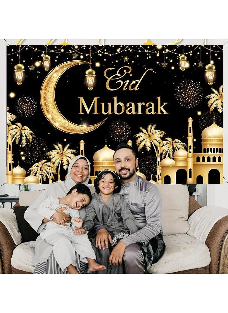 TAPIT - Ramadan Mubarak Backdrop Islamic Muslim Eid Mubarak Ramadan Kareem Eid Al Fitr Background Black and Gold Lanterns Moon Stars Mosque Theme Party Supplies Decor 180x115CM - Image 1