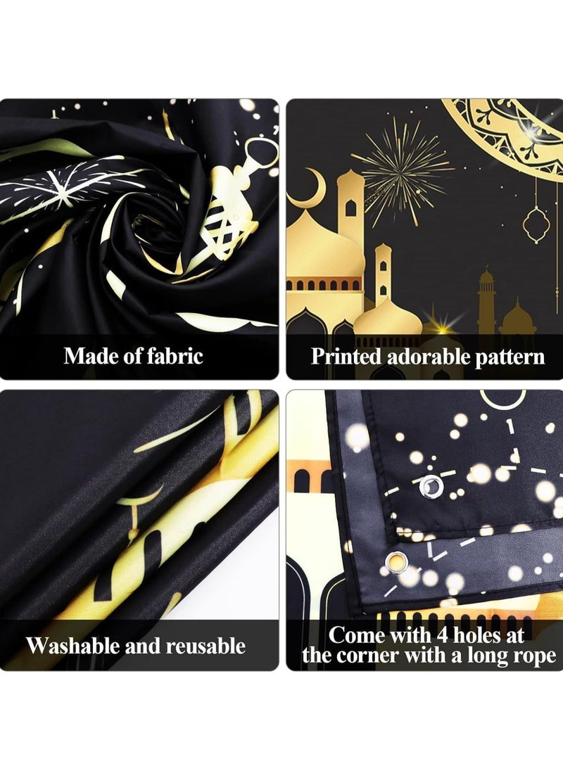 TAPIT - Ramadan Mubarak Backdrop Islamic Muslim Eid Mubarak Ramadan Kareem Eid Al Fitr Background Black and Gold Lanterns Moon Stars Mosque Theme Party Supplies Decor 180x115CM - Image 1