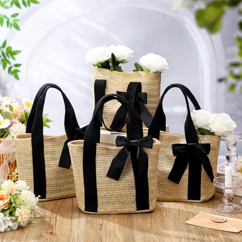 Clysee 6 Pcs Bridesmaid Straw Beach Bags Reusable Woven Burlap Tote Bags with Handles Ribbon for Bachelorette Wedding Gifts(Black) - Image 3