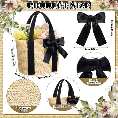 Clysee 6 Pcs Bridesmaid Straw Beach Bags Reusable Woven Burlap Tote Bags with Handles Ribbon for Bachelorette Wedding Gifts(Black) - Image 4