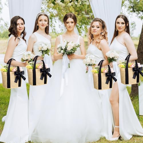 Clysee 6 Pcs Bridesmaid Straw Beach Bags Reusable Woven Burlap Tote Bags with Handles Ribbon for Bachelorette Wedding Gifts(Black) - Image 2