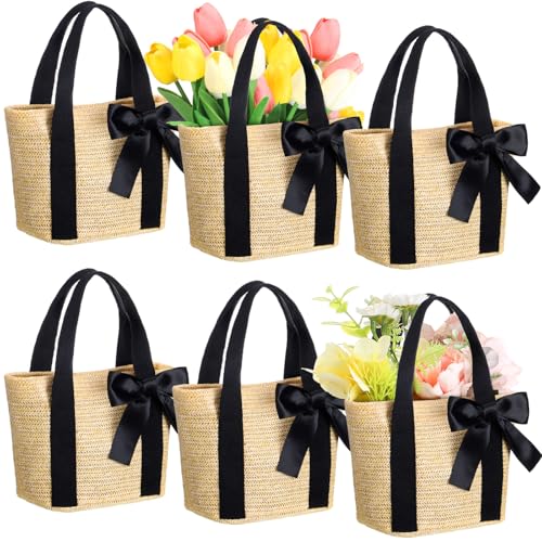 Clysee 6 Pcs Bridesmaid Straw Beach Bags Reusable Woven Burlap Tote Bags with Handles Ribbon for Bachelorette Wedding Gifts(Black) - Image 1