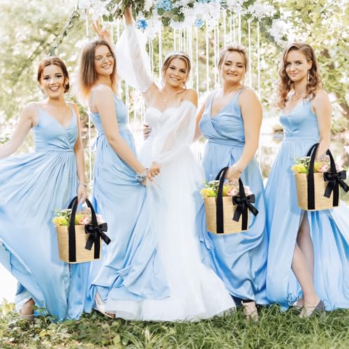Clysee 6 Pcs Bridesmaid Straw Beach Bags Reusable Woven Burlap Tote Bags with Handles Ribbon for Bachelorette Wedding Gifts(Black) - Image 5