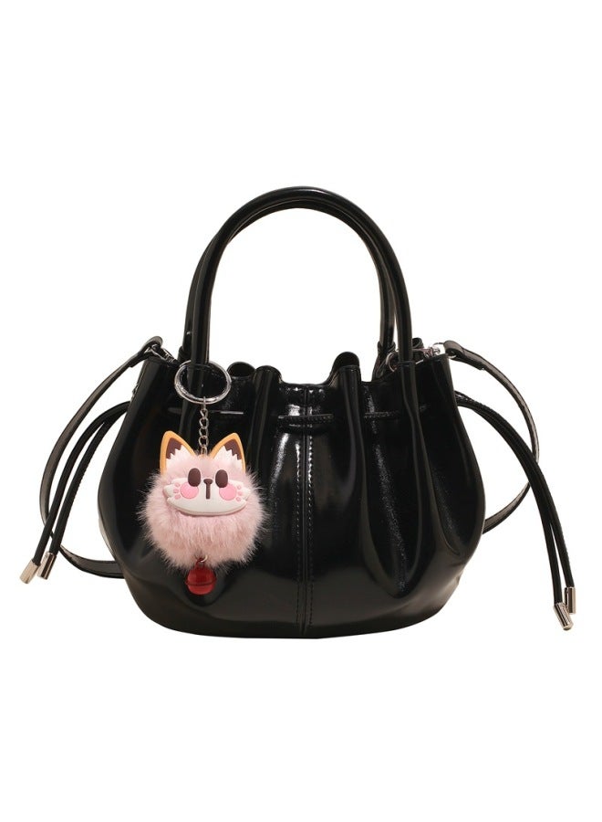 Pleated Handbag Women's Fashionable PU High-end 2025 Style Oil Wax Bucket Bag Western Style Niche Crossbody Bag-Color:Black-Size:With Pendant  - Image 1