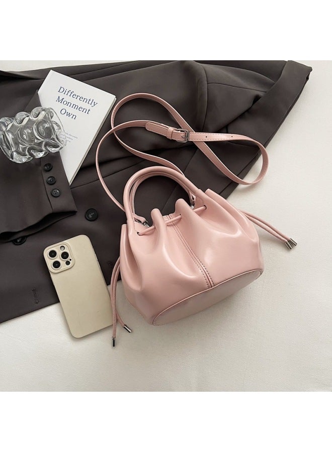 Pleated Handbag Women's Fashionable PU High-end 2025 Style Oil Wax Bucket Bag Western Style Niche Crossbody Bag-Color:Black-Size:With Pendant  - Image 5