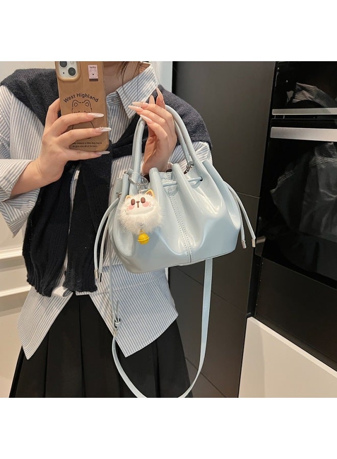 Pleated Handbag Women's Fashionable PU High-end 2025 Style Oil Wax Bucket Bag Western Style Niche Crossbody Bag-Color:Black-Size:With Pendant  - Image 2