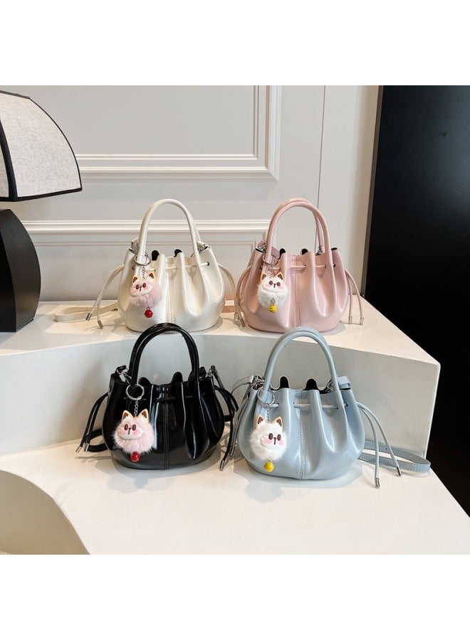 Pleated Handbag Women's Fashionable PU High-end 2025 Style Oil Wax Bucket Bag Western Style Niche Crossbody Bag-Color:Black-Size:With Pendant  - Image 4