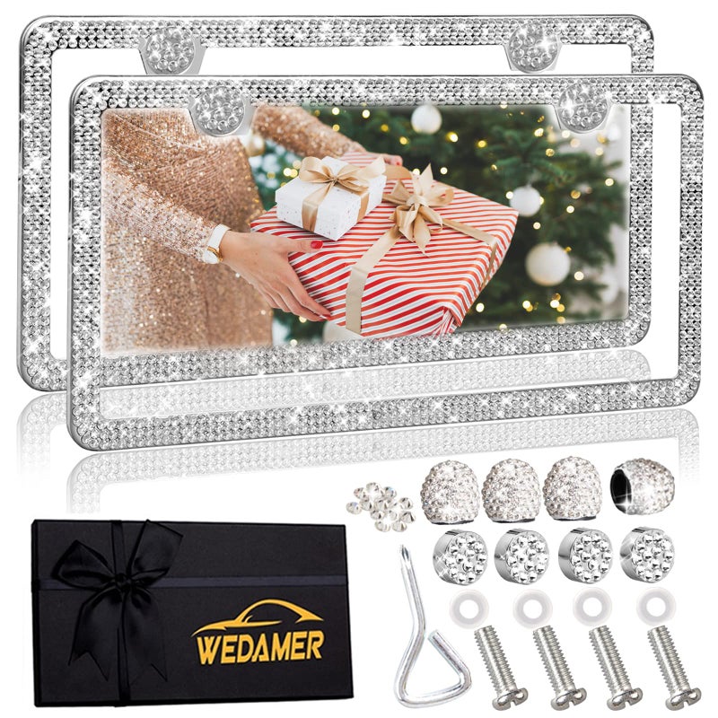 WEDAMER 2 Pack Bling License Plate Frames for Women, Sparkly Rhinestone License Plate Frame Diamond License Plate Frame Glitter Bedazzled Girly License Plate Frames Holder Cover Bling Tire Valve Caps - Image 1