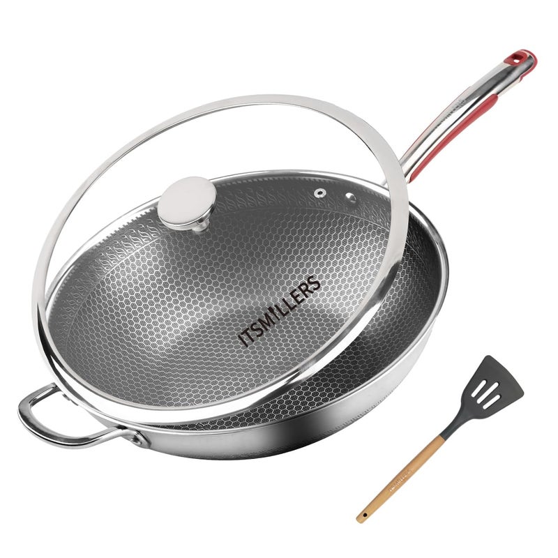 ITSMILLERS Triply Stainless Steel Wok with Lid 135 PFOA Free Nonstick Stir Fry Pan Induction Compatible Dishwasher and Oven Safe Scratchresistant Surface