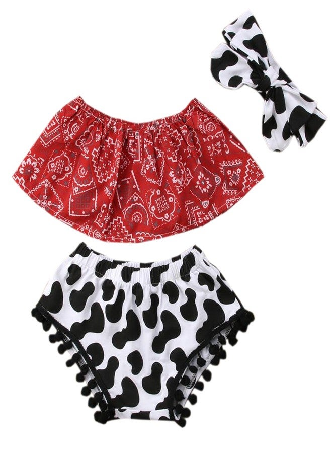 stylesilove Baby Girls Cowgirl Red Bandana Top with Pom Pom Trim Bloomers and Headband 3pcs Outfit (Red, 90/12-18 Months) - Image 1