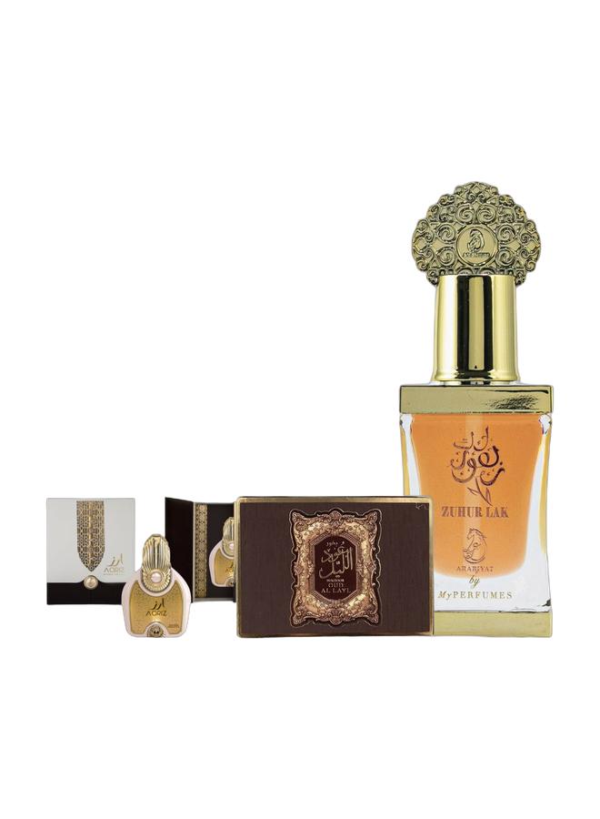 ARABIYAT بخور عود الليل 100غ، زهور لاك CPO 12مل وبريستيج عزيز أبسول EDP 100مل - Image 1
