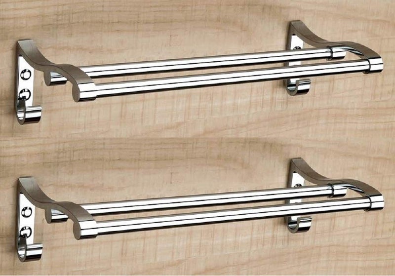 Handy Stianless Steel Bathroom Double Towel Rod with Hook | Towel Stand | Towel Rod| Bathroom Towel Stand | Towel bar | Towel Holder with Cloths Hook (Size-18 inch/Pack of-2) - Image 1