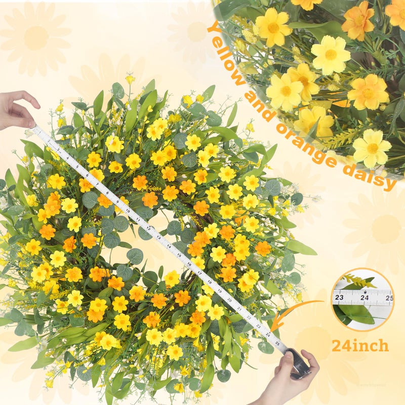 lOKEISNA Summer Wreaths for Front Door, 24" Yellow Daisy Wreaths for Front Door Window Wall Wedding Farmhouse Festival Decor, Handmade Artificial Spring Summer Wreath for Home Decoration - Image 2