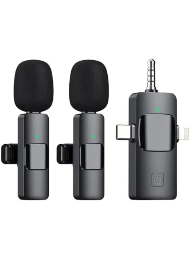 3-in-1 Wireless Microphone with Type-C, Lightning, and AUX for YouTube – Dual True Voice, 2024 Edition, Black