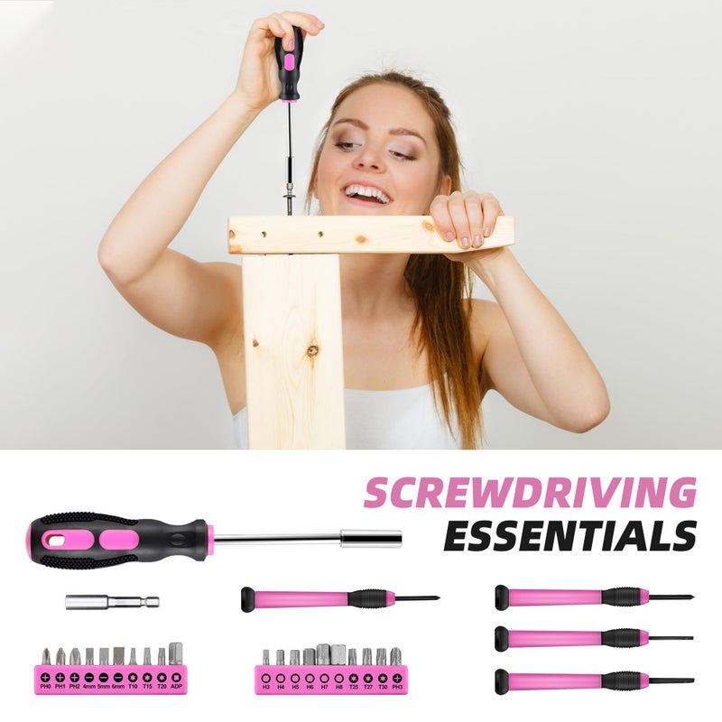URASISTO 40-Piece Home Tool Kit with Easy Carrying Box, Small Basic Hand Tool Set Perfect for DIY Building, Home Maintenance and Woodworking, Great for College Students - PINK - Image 4