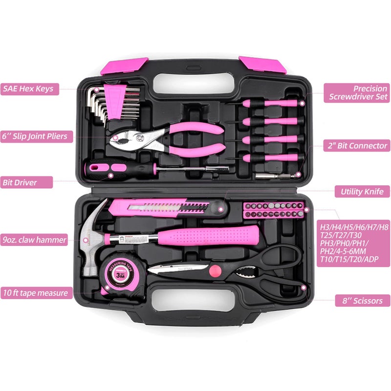 URASISTO 40-Piece Home Tool Kit with Easy Carrying Box, Small Basic Hand Tool Set Perfect for DIY Building, Home Maintenance and Woodworking, Great for College Students - PINK - Image 2