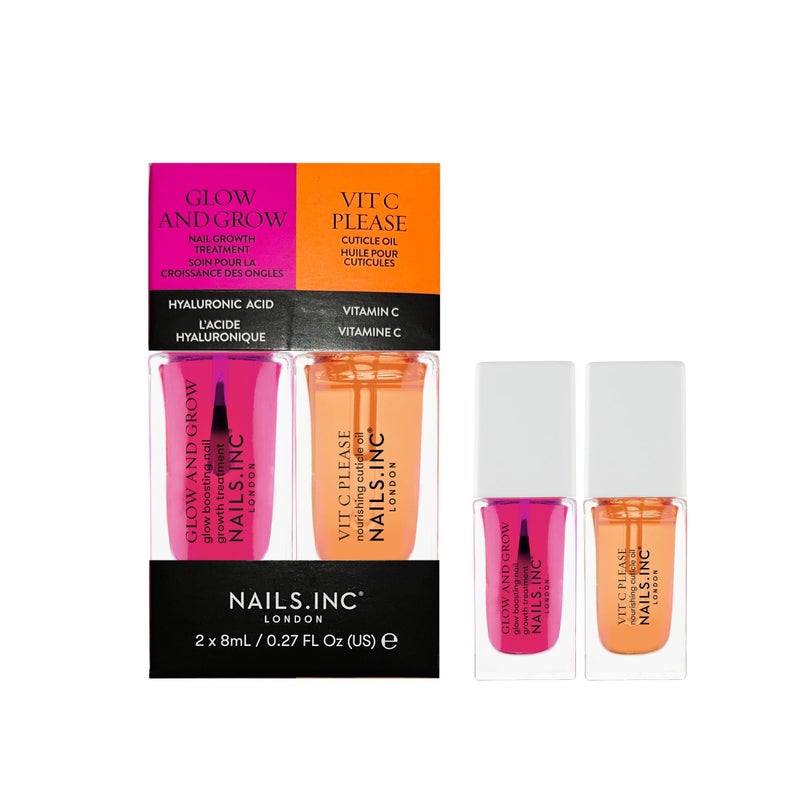 Nails Inc Mini Nail Treatment Duo, Glow & Grow Nail Growth Treatment, Vitamin C Nourishing Cuticle Oil, Strong Nails, Smooth Nails, Promote Nail Health, Ultra Glossy, Cruelty Free, Vegan, 2 Piece Set - Image 1