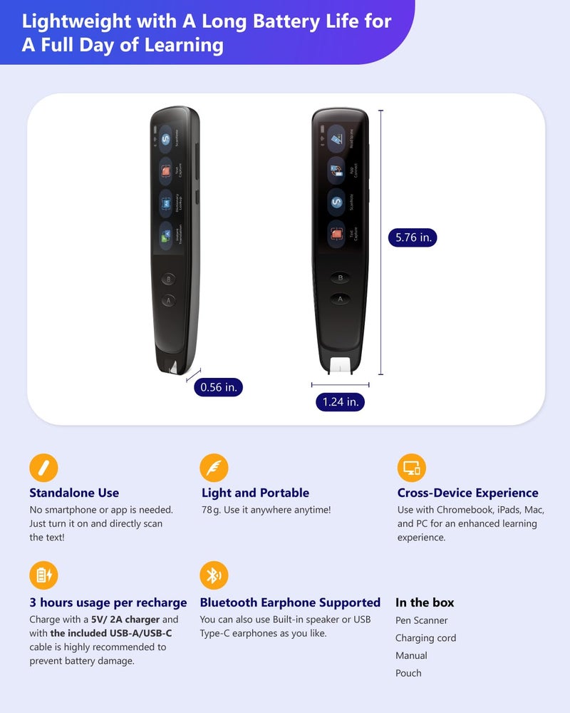 PenPower WorldPenScan Go - Translation Pen with Scanning, Reading, Audio Recording, Live Interpretation, and AI Reading Buddy for Kids - Image 3